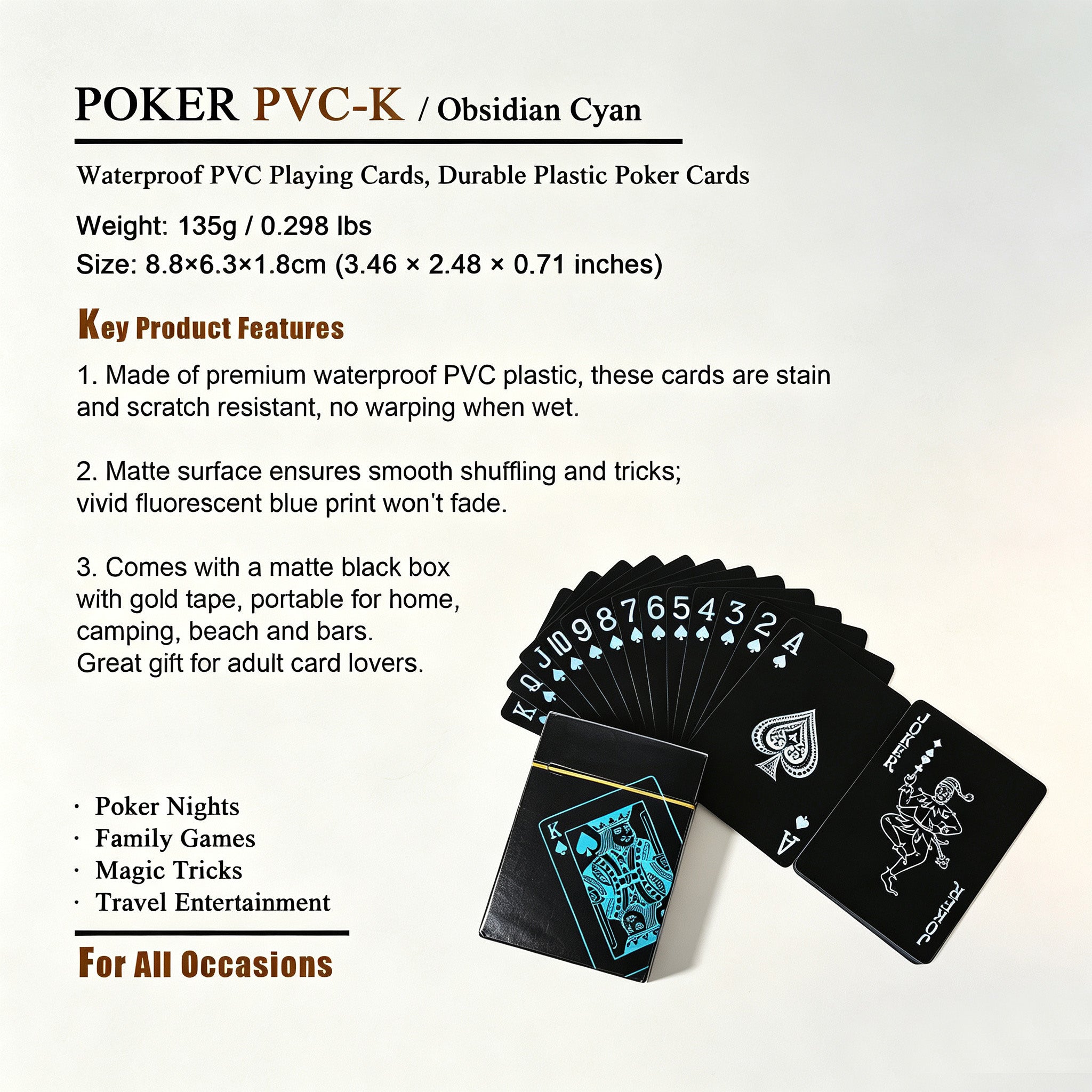 Obsidian Cyan Waterproof Plastic Playing Cards – PVC-K Poker Deck，Set of 5