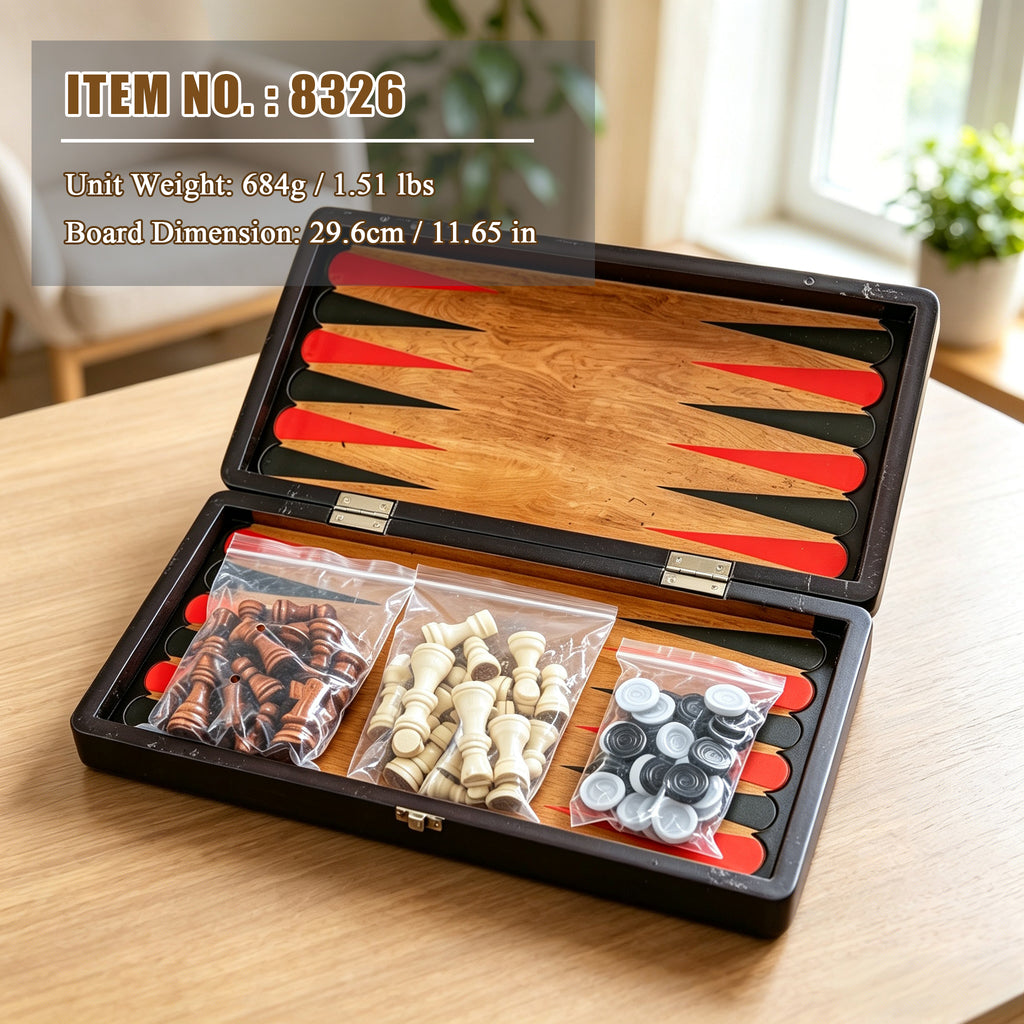 Wooden Chess Set 3-in-1 Foldable Game, Checkers Backgammon