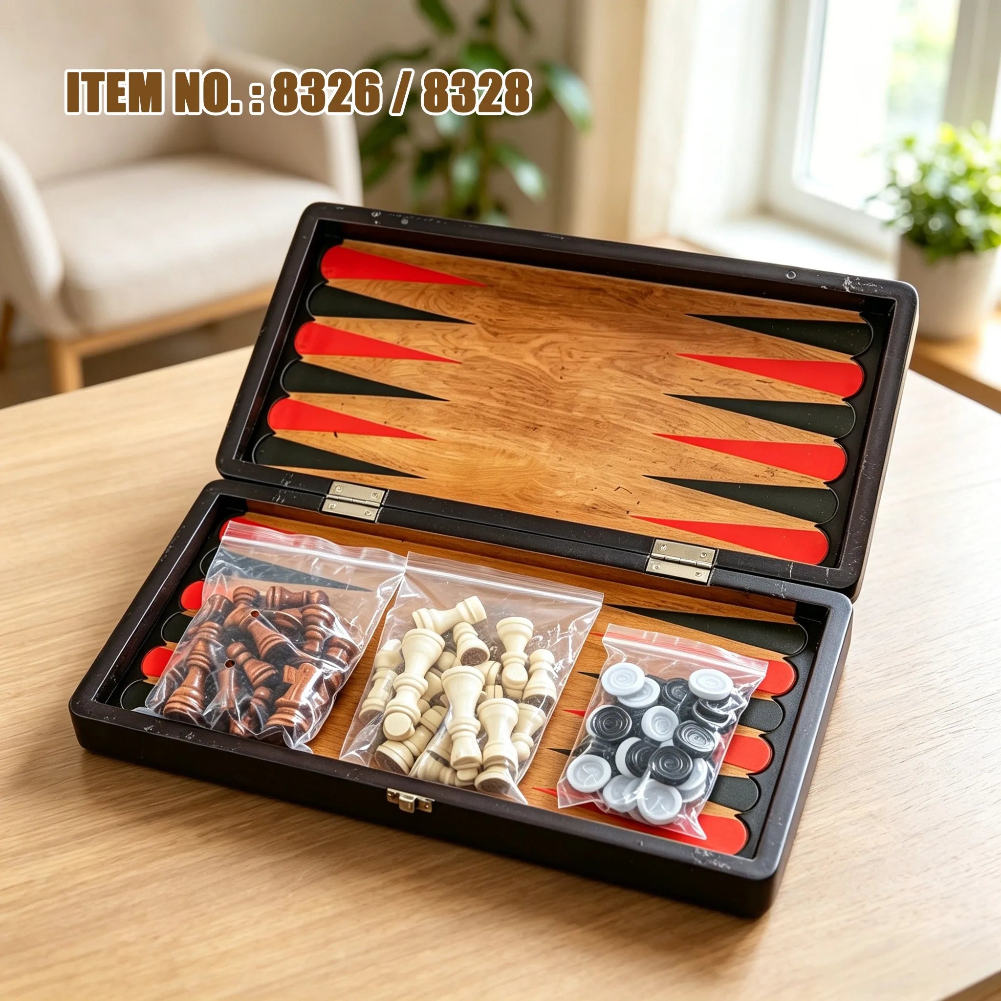 Wooden Chess Set 3-in-1 Foldable Game, Checkers Backgammon