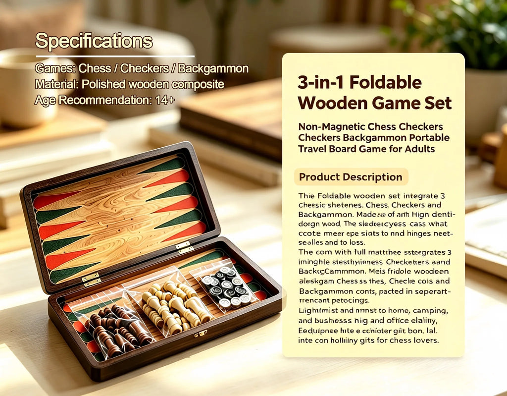 Wooden Chess Set 3-in-1 Foldable Game, Checkers Backgammon