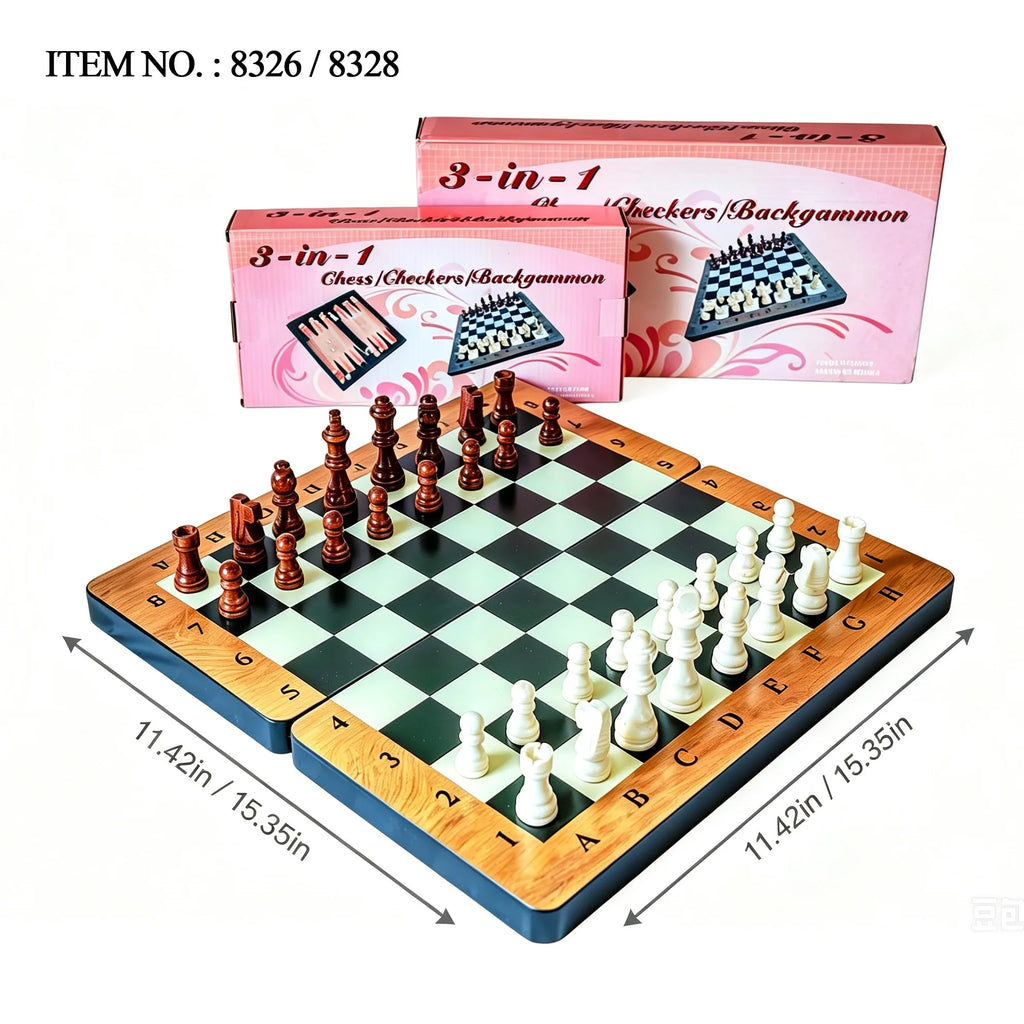 Wooden Chess Set 3-in-1 Foldable Game, Checkers Backgammon