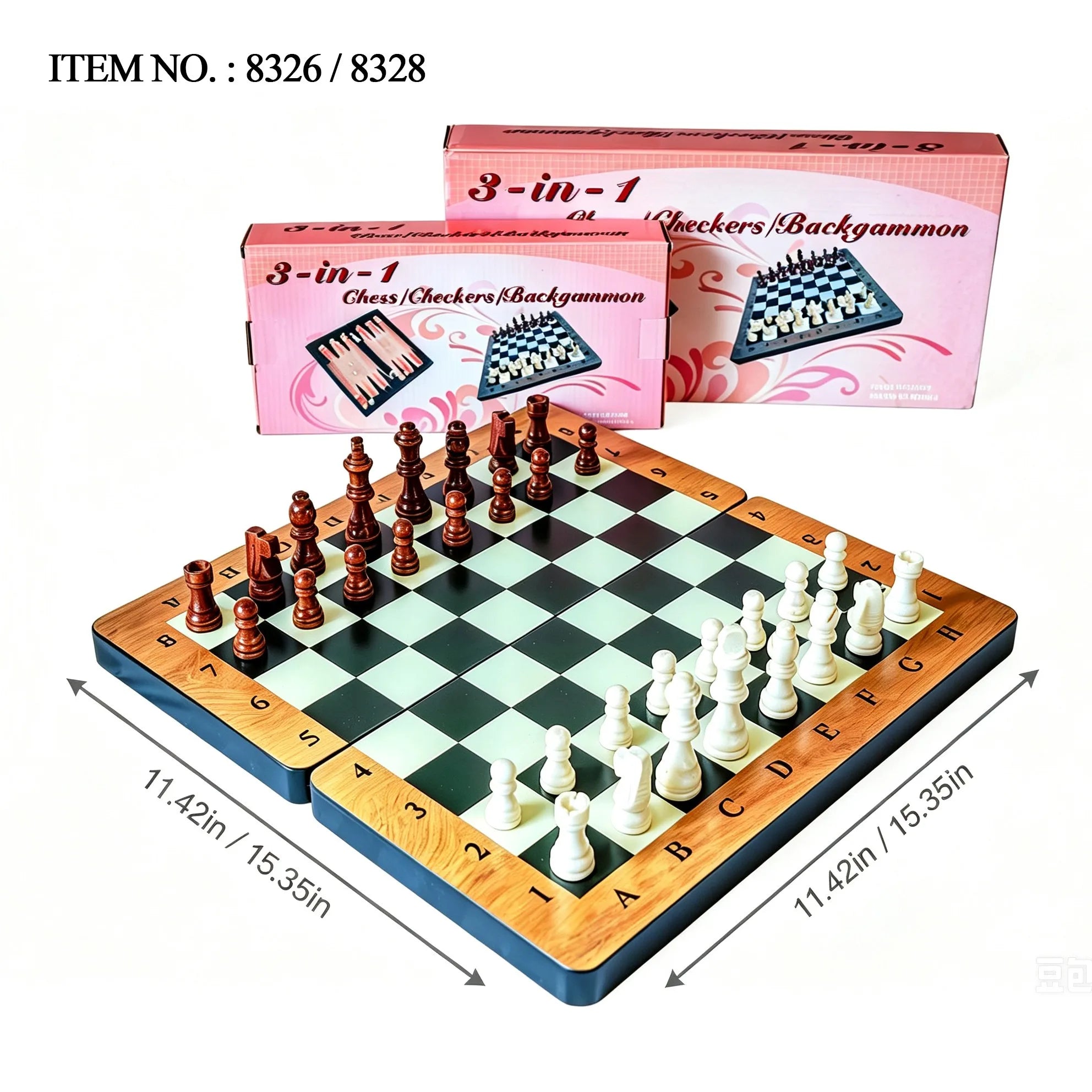 Wooden Chess Set 3-in-1 Foldable Game, Checkers Backgammon