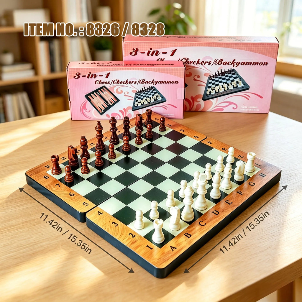 Wooden Chess Set 3-in-1 Foldable Game, Checkers Backgammon