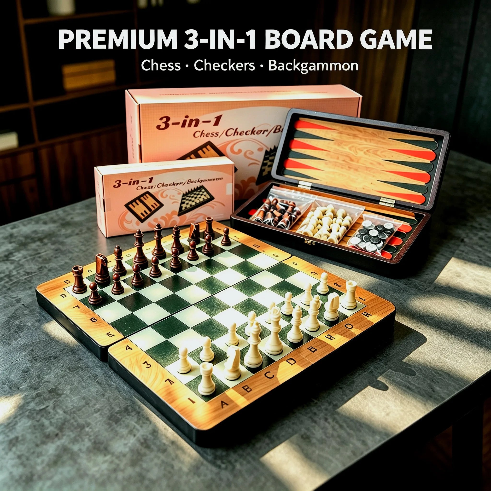Wooden Chess Set 3-in-1 Foldable Game, Checkers Backgammon
