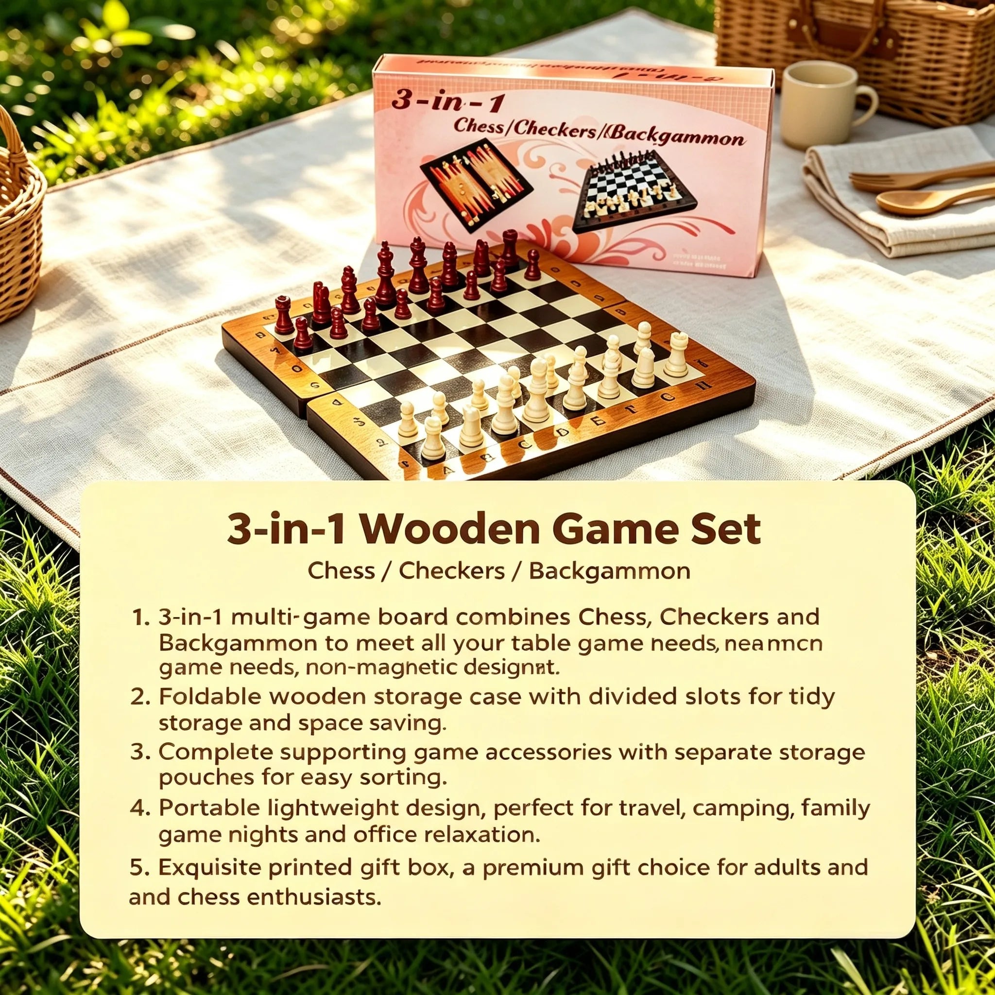 Wooden Chess Set 3-in-1 Foldable Game, Checkers Backgammon