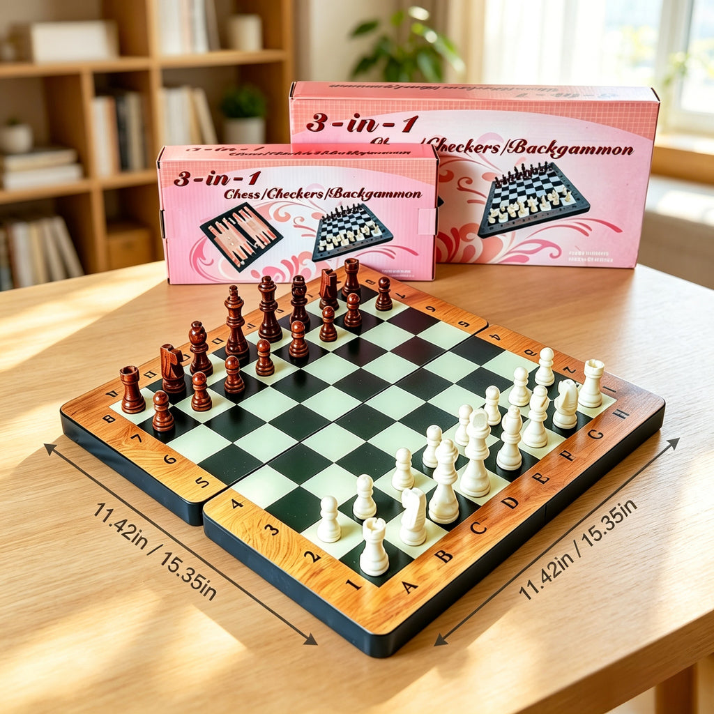 Wooden Chess Set 3-in-1 Foldable Game, Checkers Backgammon